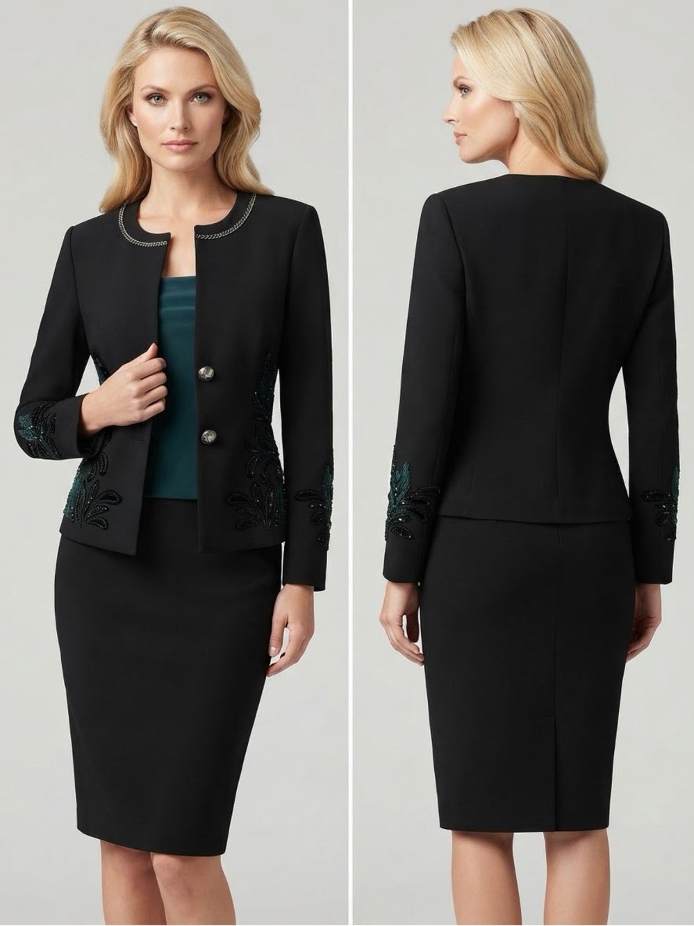 NWT WOMEN‎ SKIRT SUIT 3P SET BLACK BLAZER/SKIRT LINED LONG SLEEVES ROUND NECK